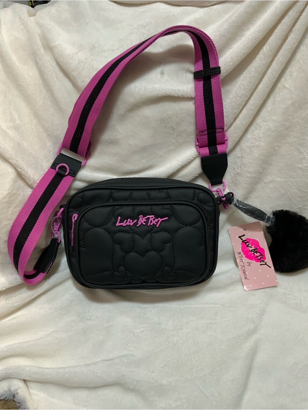 Luv Betsey Quilted Black Crossbody with Hot Pink Strap